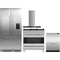 Fisher & Paykel 4 Piece Package featuring RS36A72U1N 36 inch panel ready built in French door refrigerator, OR36SDG4X1 36 inch gas range, DD24DCHTX9N 24 inch double DishDrawer, and HC36DCXB4 36 inch wall mount chimney range hood