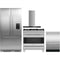 Fisher & Paykel 4 Piece Package featuring RS36A72U1N 36 inch panel ready built in French door refrigerator, OR36SDG4X1 36 inch gas range, DD24DDFTX9N 24 inch double DishDrawer, and HC36DCXB4 36 inch wall mount chimney range hood