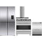 Fisher & Paykel 4 Piece Package featuring RF203QDUVX1 36 inch counter depth 4 door French door refrigerator, OR36SDG4X1 36 inch gas range, DD24DCTX9N 24 inch double DishDrawer, and HC36DCXB4 36 inch wall mount chimney range hood