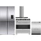 Fisher & Paykel 4 Piece Package featuring RF203QDUVX1 36 inch counter depth 4 door French door refrigerator, OR36SDG6X1 36 inch dual fuel range, DD24DCTX9N 24 inch double DishDrawer, and HC36DCXB4 36 inch wall mount chimney range hood