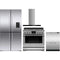 Fisher & Paykel 4 Piece Package featuring RF203QDUVX1 36 inch counter depth 4 door French door refrigerator, RDV3366N 36 inch professional dual fuel range, DD24DCTX9N 24 inch double DishDrawer, and HC36DCXB4 36 inch wall mount chimney range hood