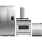 Fisher & Paykel 4 Piece Package featuring RS36A72U1N 36 inch panel ready built in French door refrigerator, OR36SCG4X1 36 inch gas range, DD24DCHTX9N 24 inch double DishDrawer, and HC36DCXB4 36 inch wall mount chimney range hood