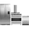 Fisher & Paykel 4 Piece Package featuring RS36A72U1N 36 inch panel ready built in French door refrigerator, OR36SDG6X1 36 inch dual fuel range, DD24DCTX9N 24 inch double DishDrawer, and HC36DCXB4 36 inch wall mount chimney range hood