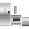 Fisher & Paykel 4 Piece Package featuring RS36A80U1N 36 inch panel ready built in French door refrigerator, OR36SCG4X1 36 inch gas range, DD24DAX9N 24 inch double DishDrawer, and HC36DCXB4 36 inch wall mount chimney range hood