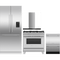 Fisher & Paykel 4 Piece Package featuring RS36A80U1N 36 inch panel ready built in French door refrigerator, OR36SCG4X1 36 inch gas range, DD24DDFTX9N 24 inch double DishDrawer, and HC36DCXB4 36 inch wall mount chimney range hood