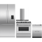 Fisher & Paykel 4 Piece Package featuring RS36A80U1N 36 inch panel ready built in French door refrigerator, OR36SCG6X1 36 inch dual fuel range, DD24DAX9N 24 inch double DishDrawer, and HC36DCXB4 36 inch wall mount chimney range hood