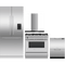 Fisher & Paykel 4 Piece Package featuring RS36A80U1N 36 inch panel ready built in French door refrigerator, OR36SCG6X1 36 inch dual fuel range, DD24DCTX9N 24 inch double DishDrawer, and HC36DCXB4 36 inch wall mount chimney range hood