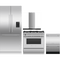 Fisher & Paykel 4 Piece Package featuring RS36A80U1N 36 inch panel ready built in French door refrigerator, OR36SCG6X1 36 inch dual fuel range, DD24DDFTX9N 24 inch double DishDrawer, and HC36DCXB4 36 inch wall mount chimney range hood