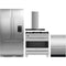 Fisher & Paykel 4 Piece Package featuring RS36A72U1N 36 inch panel ready built in French door refrigerator, OR36SDG6X1 36 inch dual fuel range, DD24DDFTX9N 24 inch double DishDrawer, and HC36DCXB4 36 inch wall mount chimney range hood
