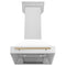 Autograph Edition 30 In. Satin Stainless Steel Wall Mount Range Hood With White Matte Shell And Champagne Bronze Handle