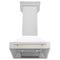 Autograph Edition 30 In. Satin Stainless Steel Wall Mount Range Hood With White Matte Shell And Polished Gold Handle