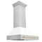 Autograph Edition 36 In. Satin Stainless Steel Wall Mount Range Hood With White Matte Shell And Polished Gold Handle