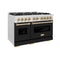 Autograph Edition 48 In. 6.7 Cu. Ft. Classic Double Oven Dual Fuel Range With 8 Burner Gas Cooktop In Satin Stainless Steel With Black Matte Doors And Polished Gold Accents