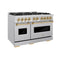 Autograph Edition 48 In. 6.7 Cu. Ft. Classic Double Oven Gas Range With 8 Burner Cooktop In Stainless Steel And Polished Gold Accents