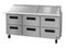 Refrigerator, Three Section Mega Top Prep Table, Stainless Drawers