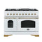 Antico 48-Inch Dual Fuel Range, with Antique Brass Finish, 8 Burners, 94,000 BTU, 5.5 cu.ft. Double Ovens & Griddle
