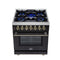 Massimo 30-Inch Freestanding Dual Fuel Range in with Antique Brass Accessories, 4 Burners, 4.32 cu. ft. Convection Oven