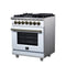 Massimo 30-Inch Freestanding Dual Fuel Range in with Antique Brass Accessories, 4 Burners, 4.32 cu. ft. Convection Oven