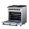 Massimo 30-Inch Freestanding Dual Fuel Range in with Antique Brass Accessories, 4 Burners, 4.32 cu. ft. Convection Oven