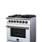 Massimo 30-Inch Freestanding Dual Fuel Range in with Antique Brass Accessories, 4 Burners, 4.32 cu. ft. Convection Oven