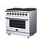Massimo 36 Inch Freestanding Dual Fuel Range in with Antique Brass Accessories, 6 Burners, 5.36 cu. ft. Convection Oven