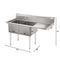 63 in. 18-Gauge 2-Compartment Commercial Sink with Backsplash and 24 in. Right Drainboard, Bowl dimensions 18"x24"x14" in Stainless-Steel