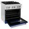 30 In. 4.0 Cu. Ft. Legacy Dual Fuel Range With 4 Burner Gas Cooktop And Electric Convection Oven In Stainless Steel And Blue Gloss Door