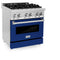 30 In. 4.0 Cu. Ft. Legacy Dual Fuel Range With 4 Burner Gas Cooktop And Electric Convection Oven In Stainless Steel And Blue Gloss Door