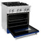 30 In. 4.0 Cu. Ft. Legacy Dual Fuel Range With 4 Burner Gas Cooktop And Electric Convection Oven In Stainless Steel And Blue Gloss Door