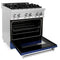 30 In. 4.0 Cu. Ft. Legacy Dual Fuel Range With 4 Burner Gas Cooktop And Electric Convection Oven In Stainless Steel And Blue Matte Door