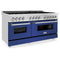 60 In. 7.4 Cu. Ft. Legacy Dual Fuel Range With 9 Burner Gas Cooktop And 2 Electric Convection Ovens In Stainless Steel And Blue Matte Doors