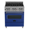 30 In. 4.0 Cu. Ft. Legacy Dual Fuel Range With 4 Burner Gas Cooktop And Electric Convection Oven In Satin Stainless Steel And Blue Matte Door
