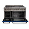 48 In. 6.0 Cu. Ft. Legacy Dual Fuel Range With 7 Burner Gas Cooktop And 2 Electric Ovens In Satin Stainless Steel And Blue Matte Doors