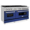 60 In. 7.4 Cu. Ft. Legacy Dual Fuel Range With 9 Burner Gas Cooktop And 2 Electric Convection Ovens In Satin Stainless Steel And Blue Matte Doors