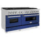 60 In. 7.4 Cu. Ft. Legacy Dual Fuel Range With 9 Burner Gas Cooktop And 2 Electric Convection Ovens In Satin Stainless Steel And Blue Matte Doors