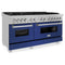 60 In. 7.4 Cu. Ft. Legacy Dual Fuel Range With 9 Burner Gas Cooktop And 2 Electric Convection Ovens In Satin Stainless Steel And Blue Matte Doors