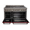 48 In. 6.0 Cu. Ft. Legacy Dual Fuel Range With 7 Burner Gas Cooktop And 2 Electric Ovens In Satin Stainless Steel And Red Gloss Doors