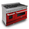 48 In. 6.0 Cu. Ft. Legacy Dual Fuel Range With 7 Burner Gas Cooktop And 2 Electric Ovens In Satin Stainless Steel And Red Gloss Doors
