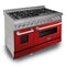 48 In. 6.0 Cu. Ft. Legacy Dual Fuel Range With 7 Burner Gas Cooktop And 2 Electric Ovens In Satin Stainless Steel And Red Gloss Doors