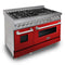 48 In. 6.0 Cu. Ft. Legacy Dual Fuel Range With 7 Burner Gas Cooktop And 2 Electric Ovens In Satin Stainless Steel And Red Gloss Doors