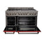 48 In. 6.0 Cu. Ft. Legacy Dual Fuel Range With 7 Burner Gas Cooktop And 2 Electric Ovens In Satin Stainless Steel And Red Matte Doors