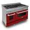 48 In. 6.0 Cu. Ft. Legacy Dual Fuel Range With 7 Burner Gas Cooktop And 2 Electric Ovens In Satin Stainless Steel And Red Matte Doors