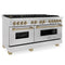 Autograph Edition 60 In. 7.4 Cu. Ft. Legacy Dual Fuel Range With 9 Burner Gas Cooktop And 2 Electric Convection Ovens In Satin Stainless Steel And Champagne Bronze Accents
