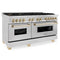 Autograph Edition 60 In. 7.4 Cu. Ft. Legacy Dual Fuel Range With 9 Burner Gas Cooktop And 2 Electric Convection Ovens In Satin Stainless Steel And Polished Gold Accents