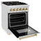 Autograph Edition 24 In. 2.8 Cu. Ft. Legacy Dual Fuel Range With 4 Burner Gas Cooktop And Electric Convection Oven In Stainless Steel And Polished Gold Accents