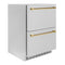 Autograph Edition 24 In. Touchstone 168 Can Outdoor-rated Dual Refrigerator Drawer With Satin Stainless Steel Doors And Polished Gold Handles