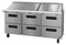 Refrigerator, Three Section Mega Top Prep Table, Stainless Drawers