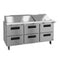 Refrigerator, Three Section Mega Top Prep Table, Stainless Drawers