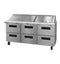 Refrigerator, Three Section Mega Top Prep Table, Stainless Drawers