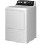 GE Appliances ETD48GASWWB Front Load Dryers White With Matte Black Backsplash – Studio Shot